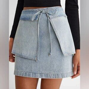 Mid Rise Denim Tie Waist Mini Wrap Skirt - Express